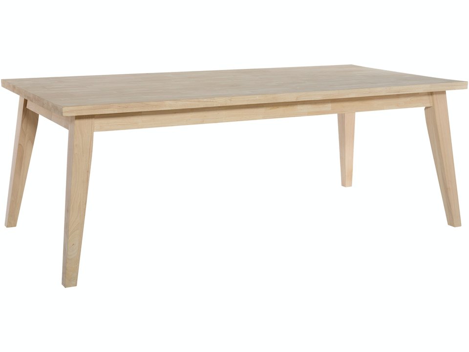 A mid century modern dining table with flared legs made of light colored wood.