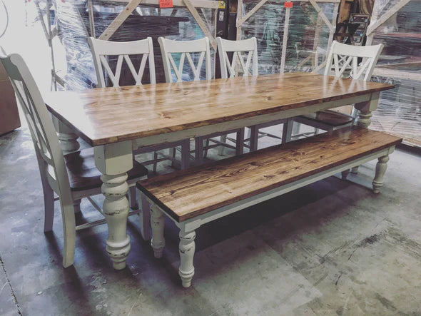 Hardwood dining table light brown table top with alabaster legs 5 chairs and a matching bench