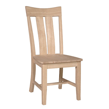 A wooden dining chair with a solid back and seat, featuring a natural finish.
