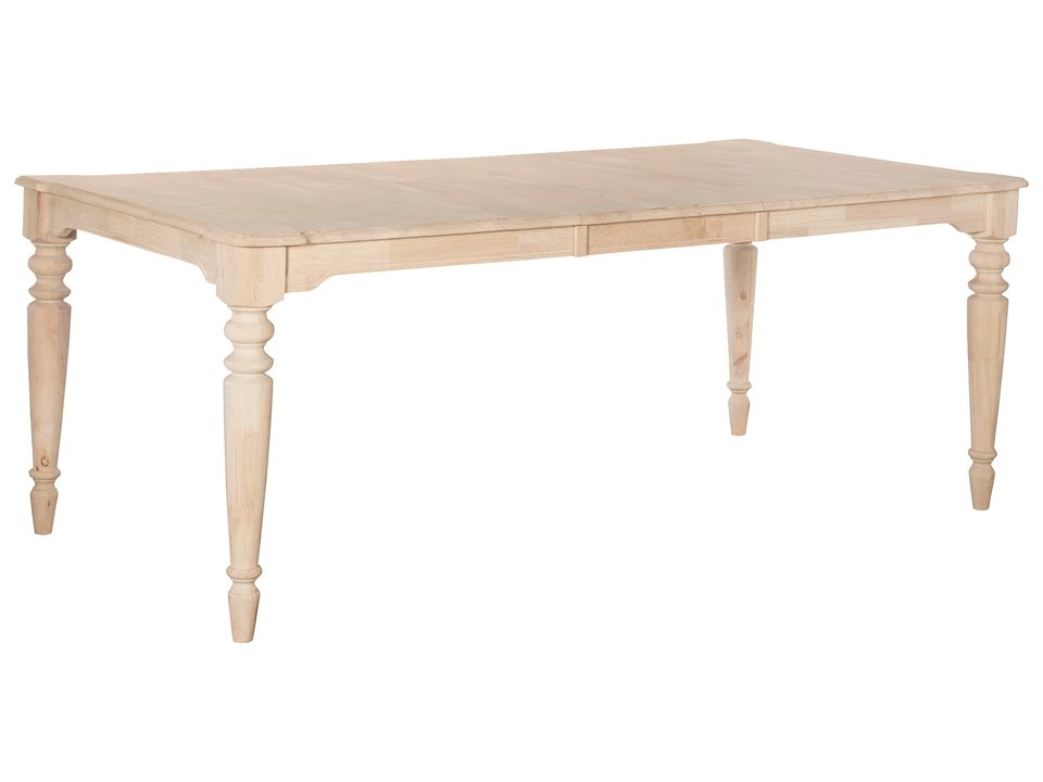 A beige wooden dining table with a butterfly leaf design, featuring turned legs and a rectangular shape.