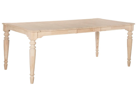 A beige wooden dining table with a butterfly leaf design, featuring turned legs and a rectangular shape.