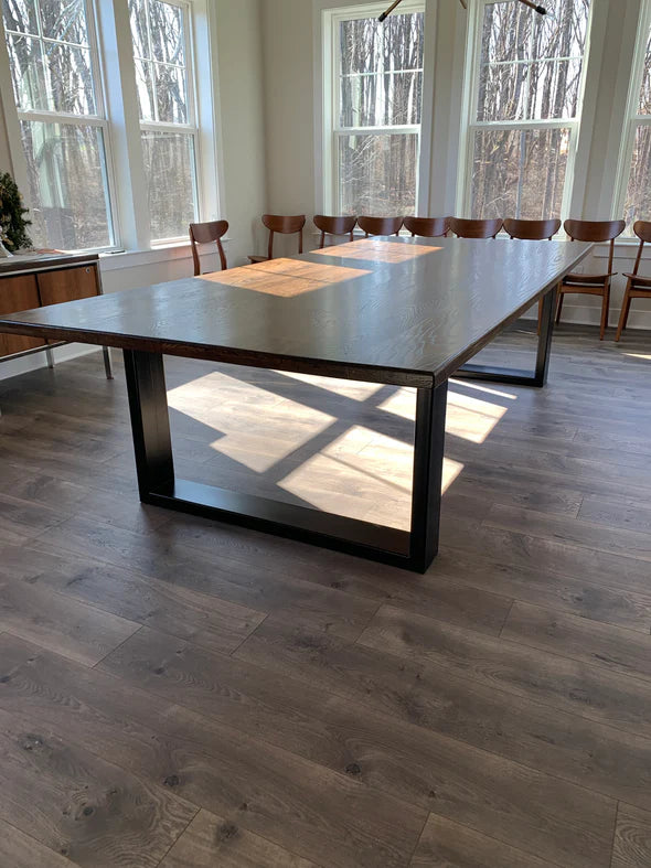 dining table solid wood top hardwood floor large windows
