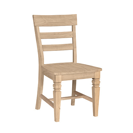 A wooden dining chair with a solid back and seat, featuring a natural wood finish.