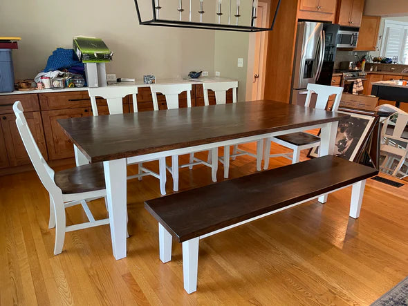 Hardwood dining table dark top with white legs matching bench and 5 chairs